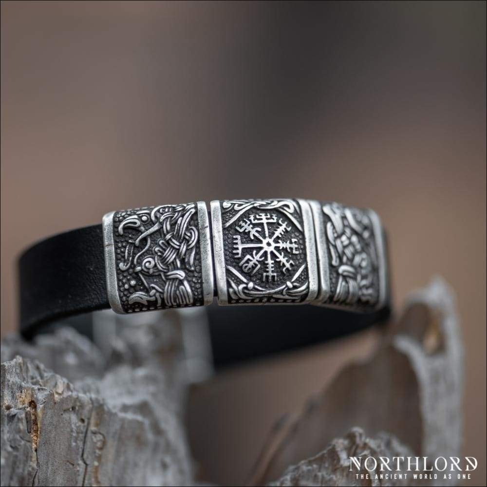 Modern Bracelet With Vegvisir and Odin's Ravens Silvered Bronze