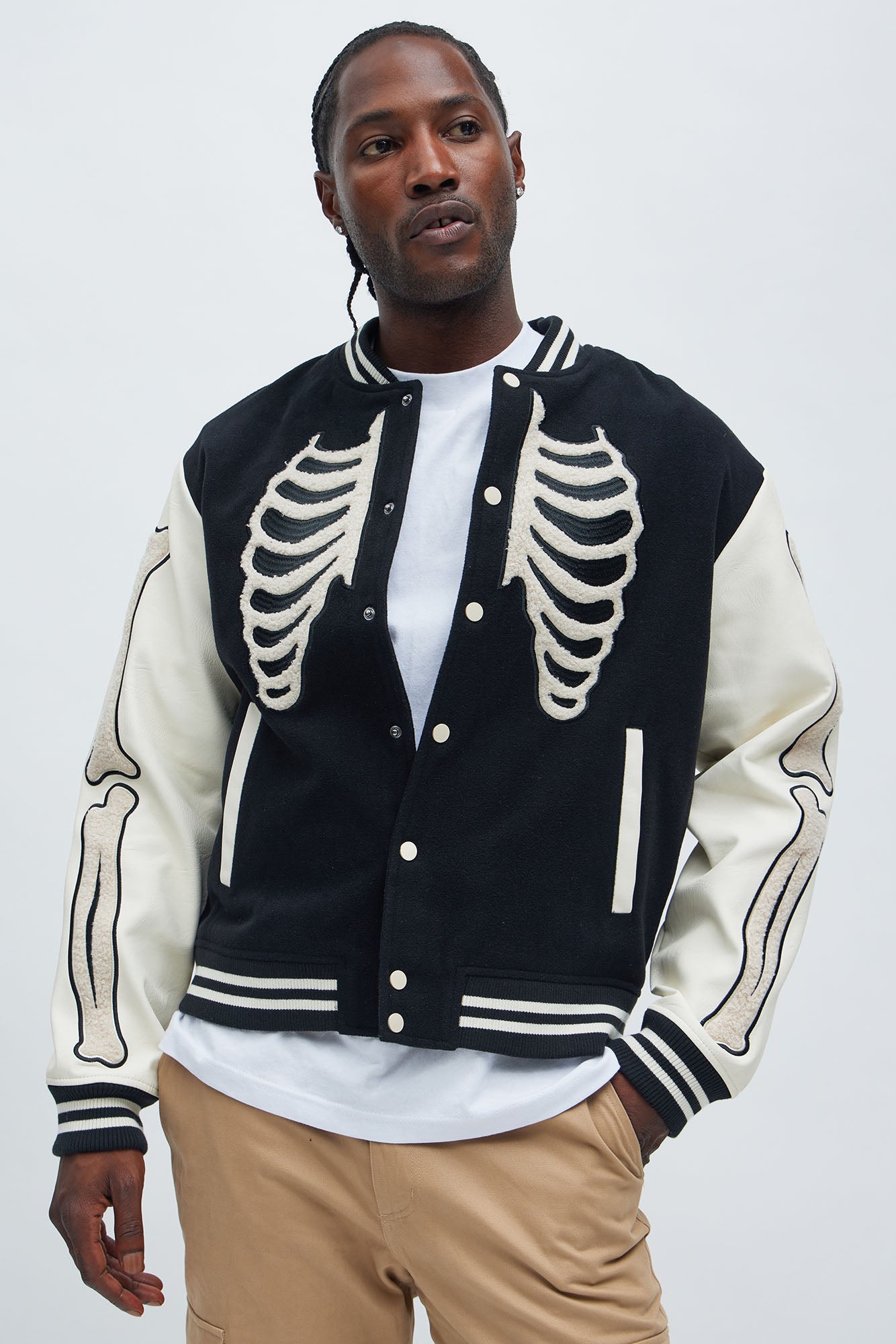 Skeleton Varsity Jacket - Black/White | Fashion Nova
