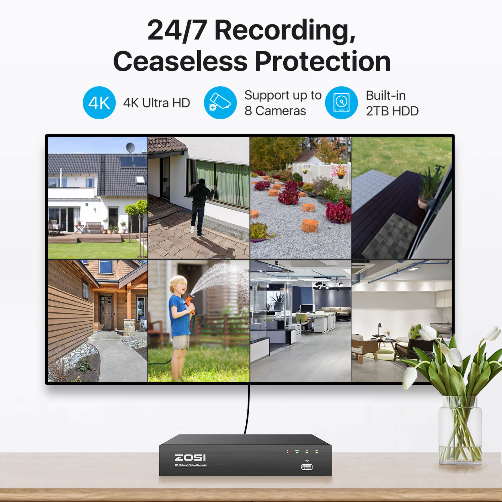 ZOSI 防犯レコーダー 8ch 2tb hdd 800万画素 poe防犯レコーダー NVR