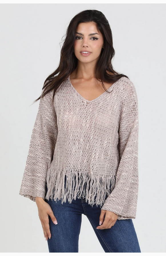 V-Neck Fringe Border Pullover Sweater - El Quetzal Philadelphia