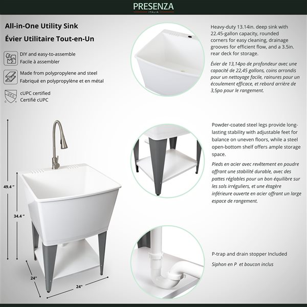 PRESENZA 24-in 85-L Freestanding Utility Sink w/ Stainless Steel