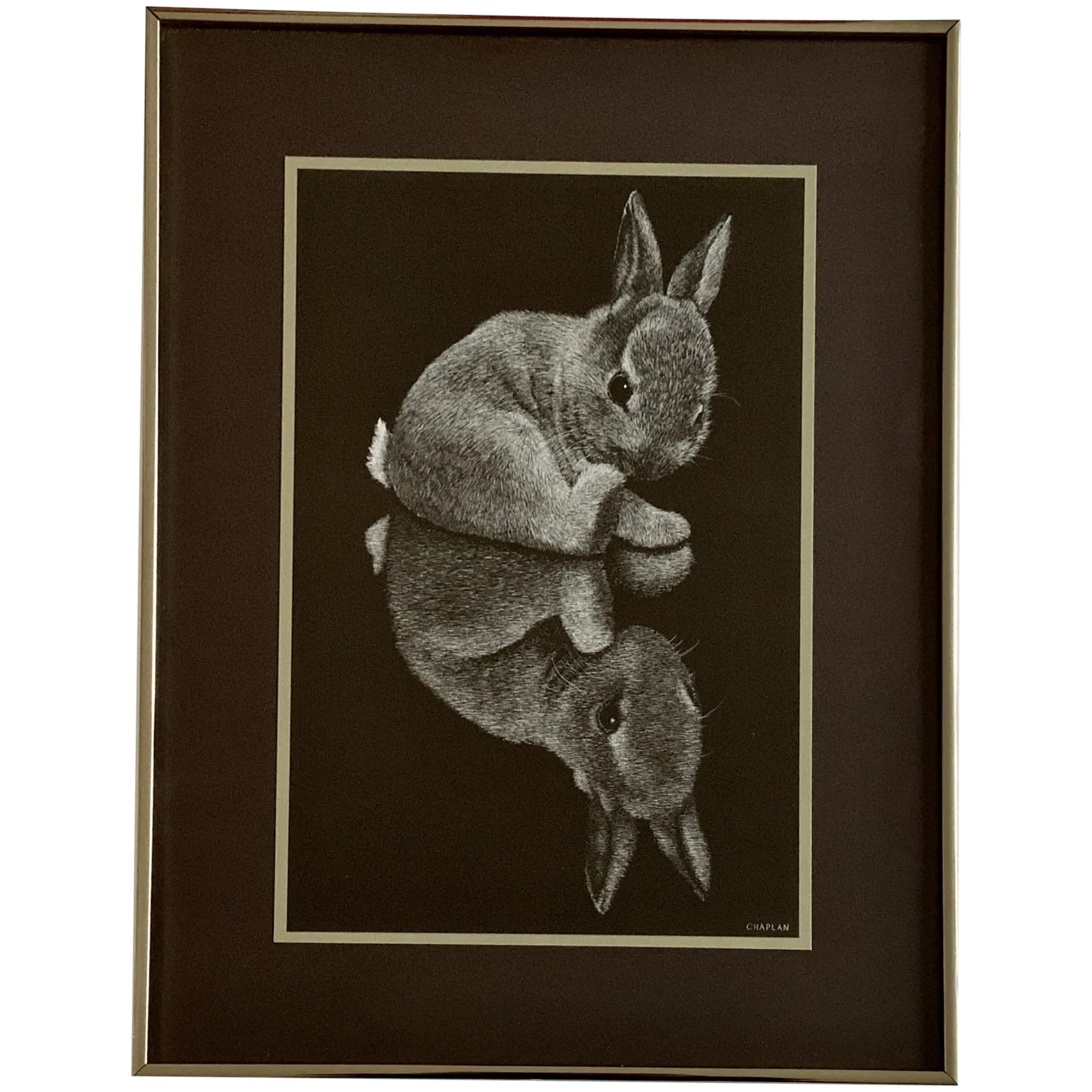 1978 Chaplan, Adorable Bunny Rabbit Scratchboard Art Print Framed