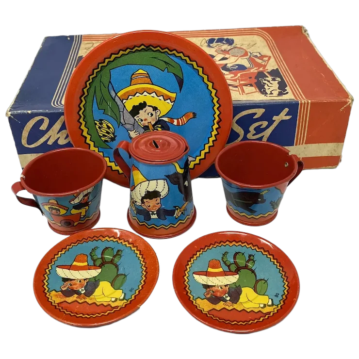 Vintage 1940s Ohio Art Tin Litho Tea Set – “Mexican Boys” #80 Mint