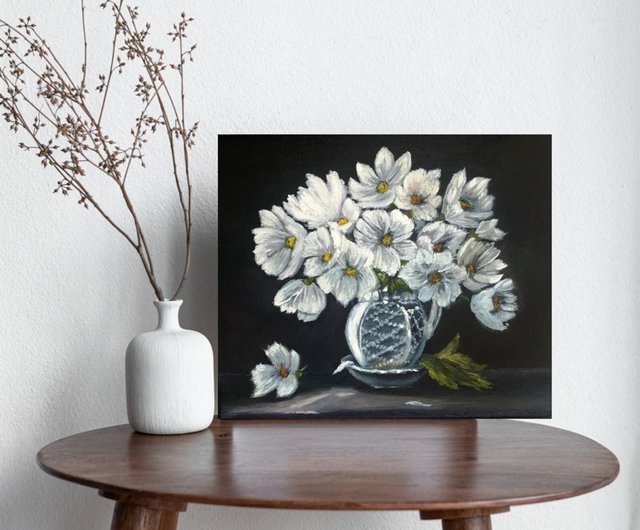 送料無料 25%OFF】ロシア 白い花瓶の中の白い花、黒い背景に油絵