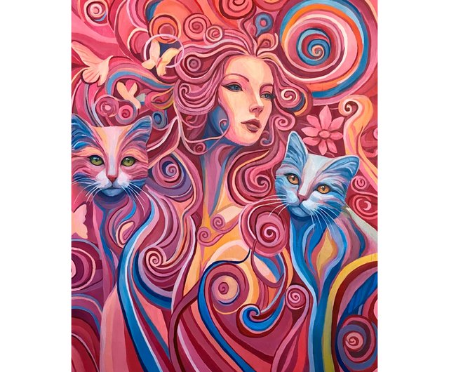 ロシア ピンクの夢の世界、オリジナル油絵、女の子、動物、猫 ArtLizzi
