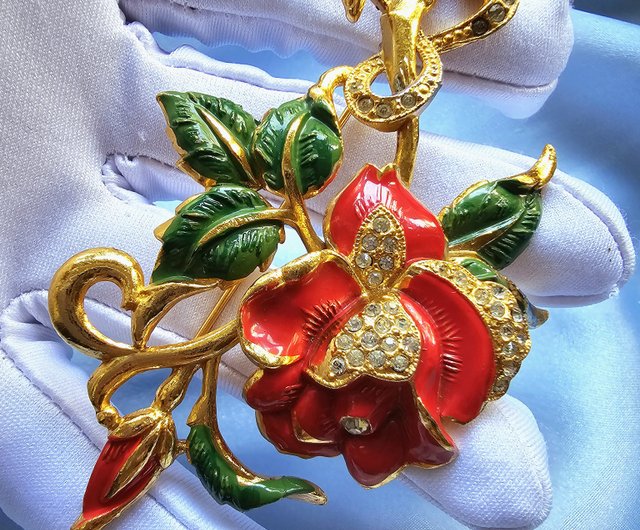 台湾 coro 大ぶりレッドエナメル グリーンリーフ ローズ ブローチ/ピン