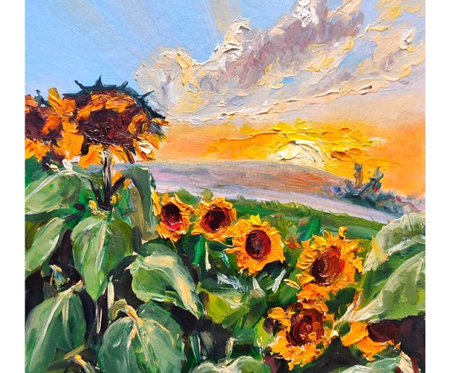 ロシア 風景画、手作りアート、ひまわり、オリジナル油絵、吊り下げ