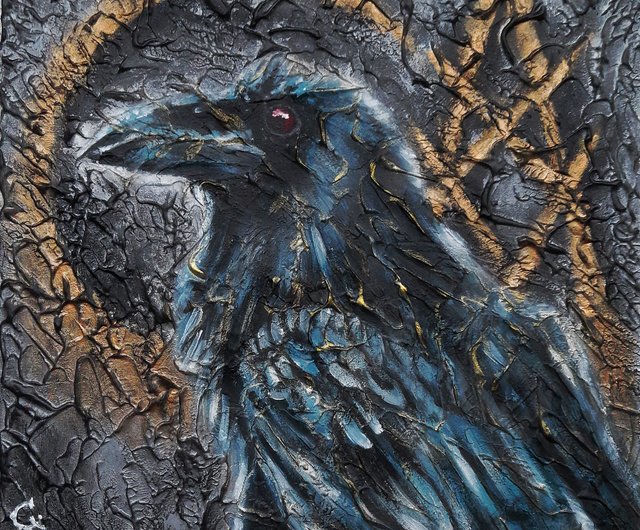 ウクライナ レイヴン絵画カラス鳥オイルオリジナルブラックアート