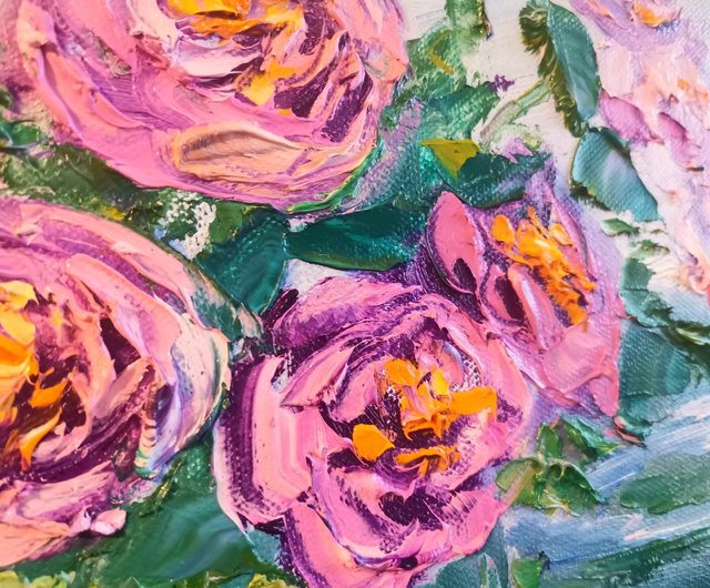 ロシア ザクロ ピンクのバラ ガラス花瓶 油絵 厚塗り オリジナル