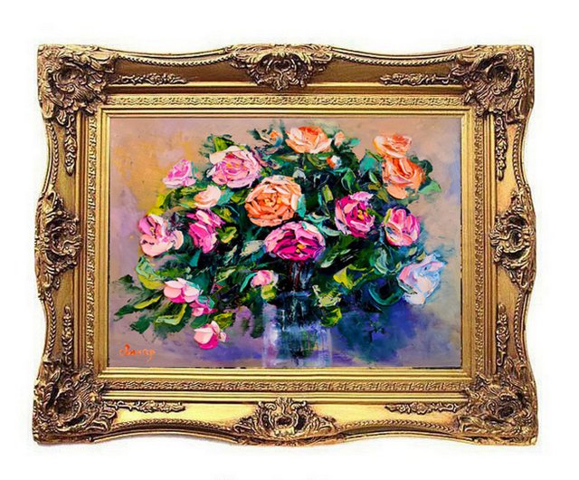 ロシア ピンクと黄色のバラの花の花束花瓶油絵厚塗りオリジナル
