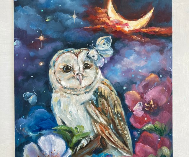 ロシア 花の中のフクロウ 油彩原画・夜画・月画 Soulart - Pinkoi