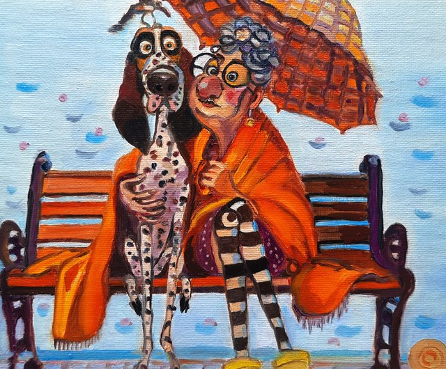 送料無料】ロシア 女性と犬の絵画 オリジナルアート 段ボールに描かれ