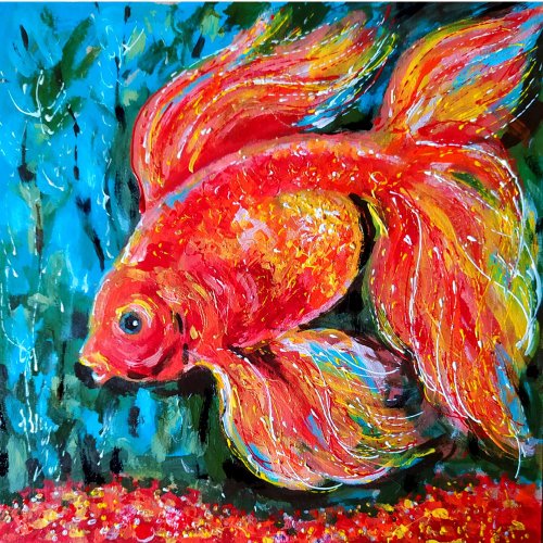 送料無料】ロシア 金魚絵画魚オリジナルアートアクリル小さなアート