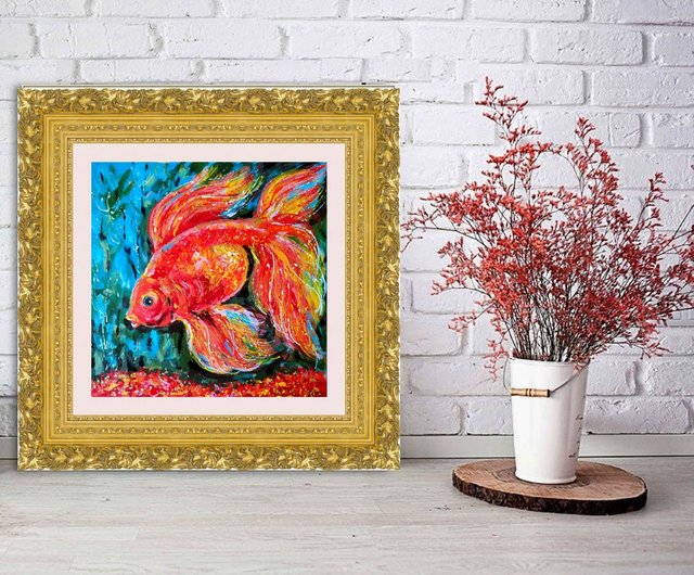 送料無料】ロシア 金魚絵画魚オリジナルアートアクリル小さなアート