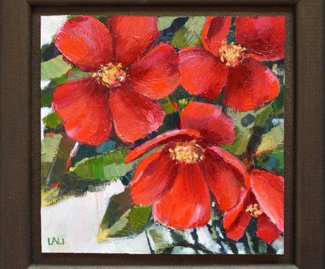 ベラルーシ 赤い花 オリジナル油絵 モダン絵画 13x13cm バルサミン絵画