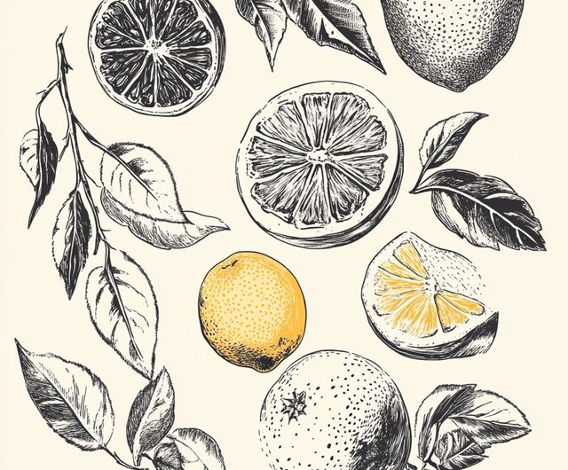 台湾 フルーティーなスケッチ レトロなペン イラスト手描きのレモン