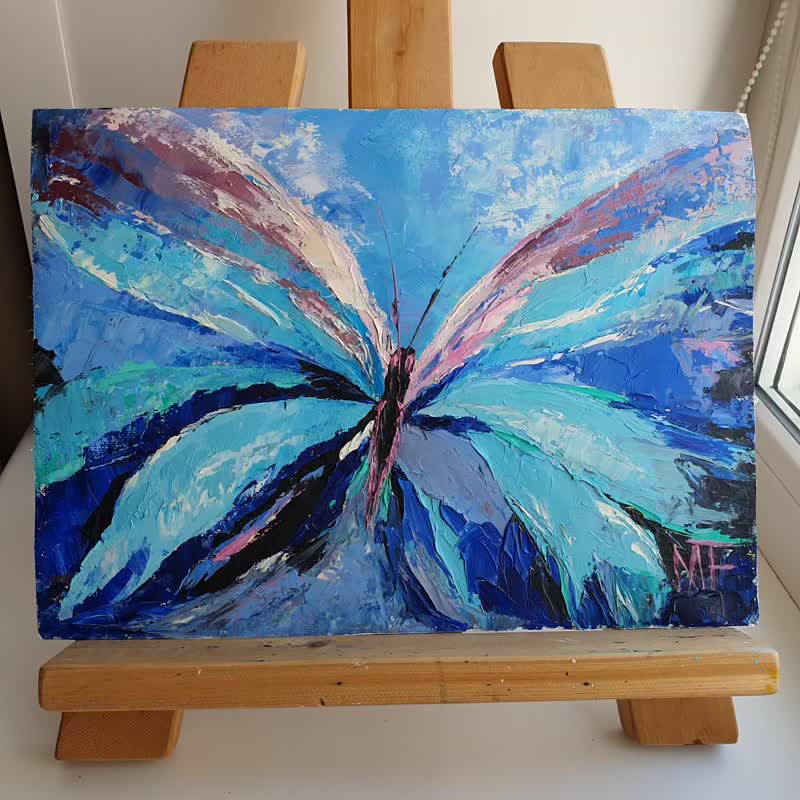 タイ 青い蝶の絵美しい昆虫蛾の羽オリジナル アート トロピカル モグラ