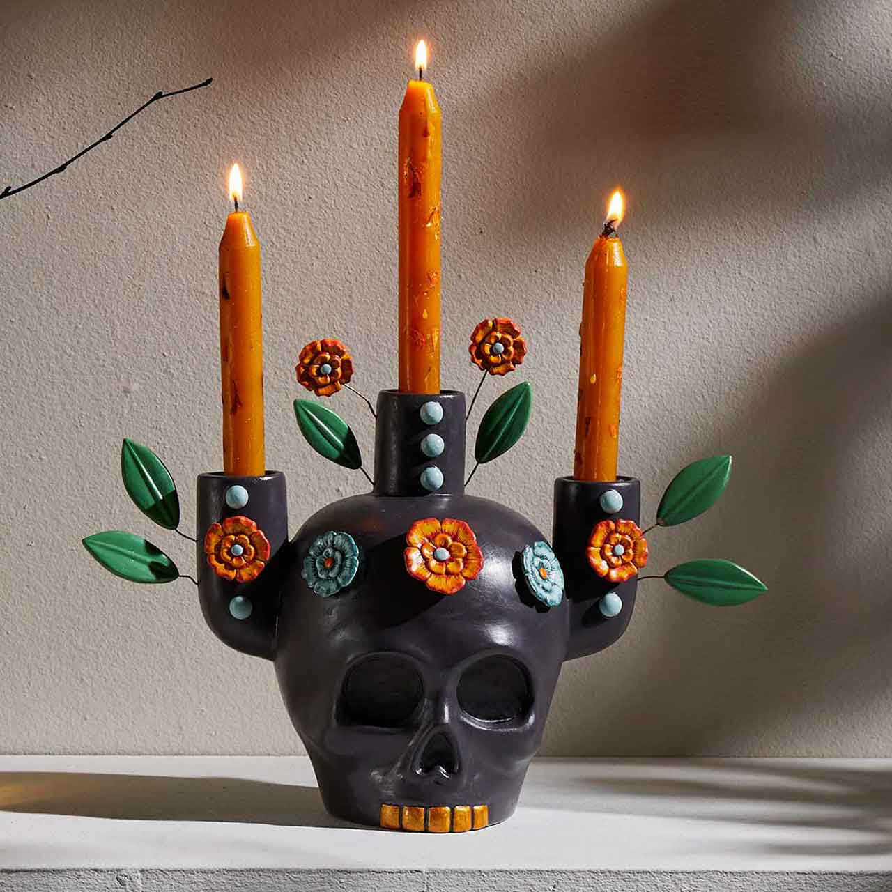 Handmade Halloween Decor | Sugar Skull Clay Candelabra | SERRV
