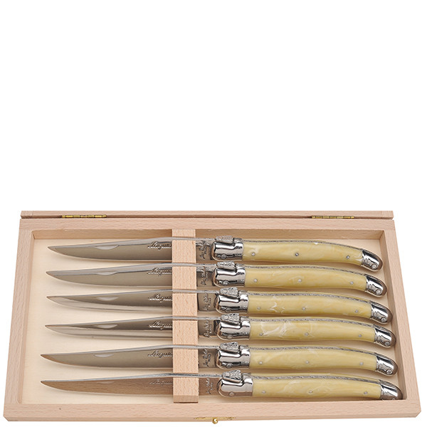 Jean Dubost 6 Steak Knives in Box - Light Horn Handles