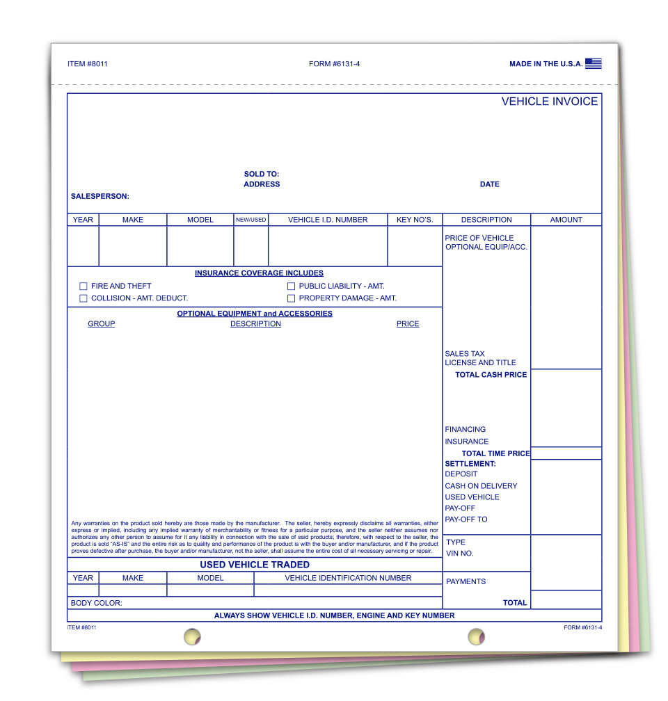 Automotive Service Products 8011-IMP Universal Vehicle Invoice