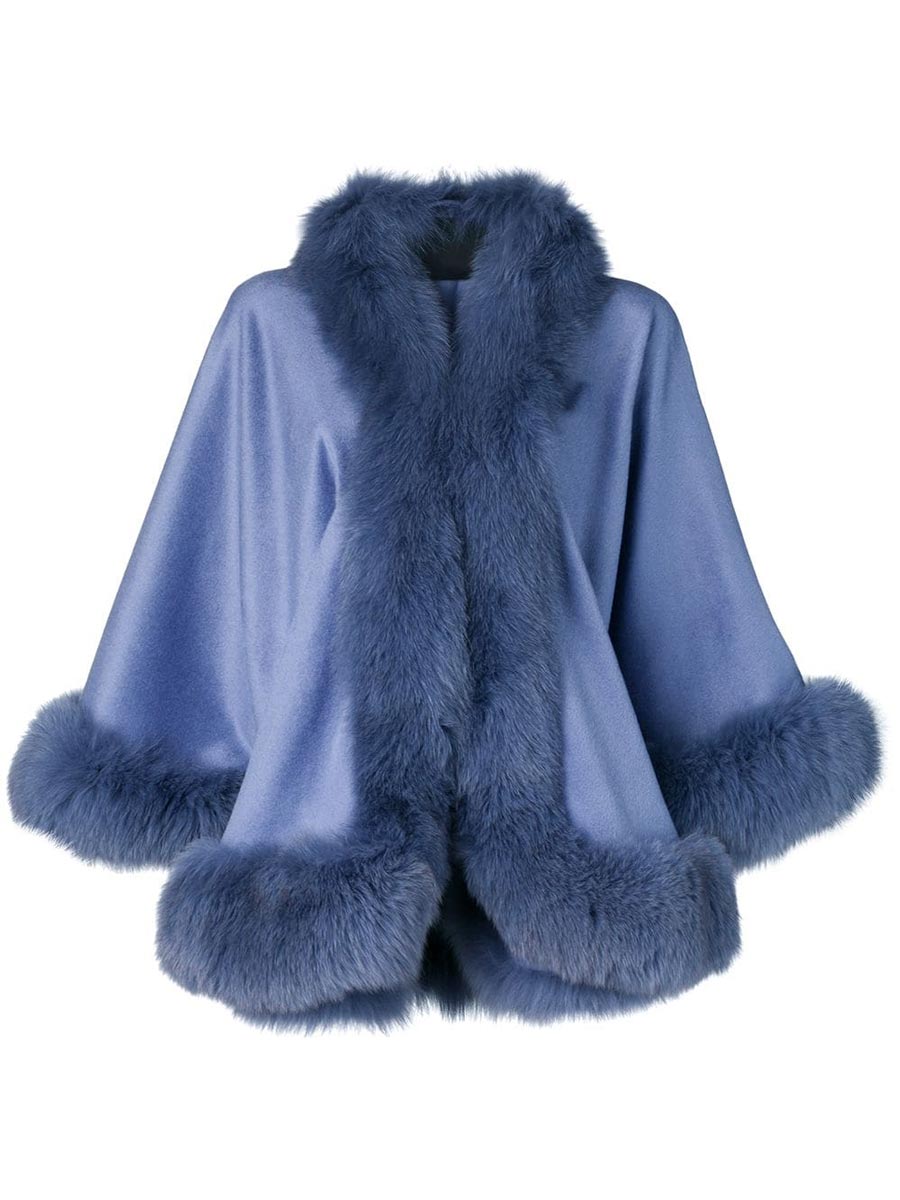 Blue Cashmere Cape With Fox Fur Trim| SKANDINAVIK FUR