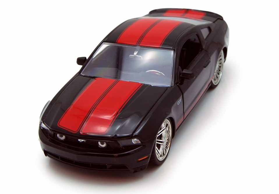 2010 Ford Mustang GT, Black w/ Red Stripes - Jada Toys 92206 - 1