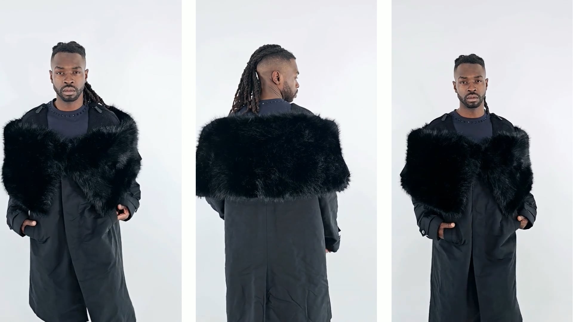 Burberry Men's Black Deconstructed Faux Fur Nylon Coat, Brand Size