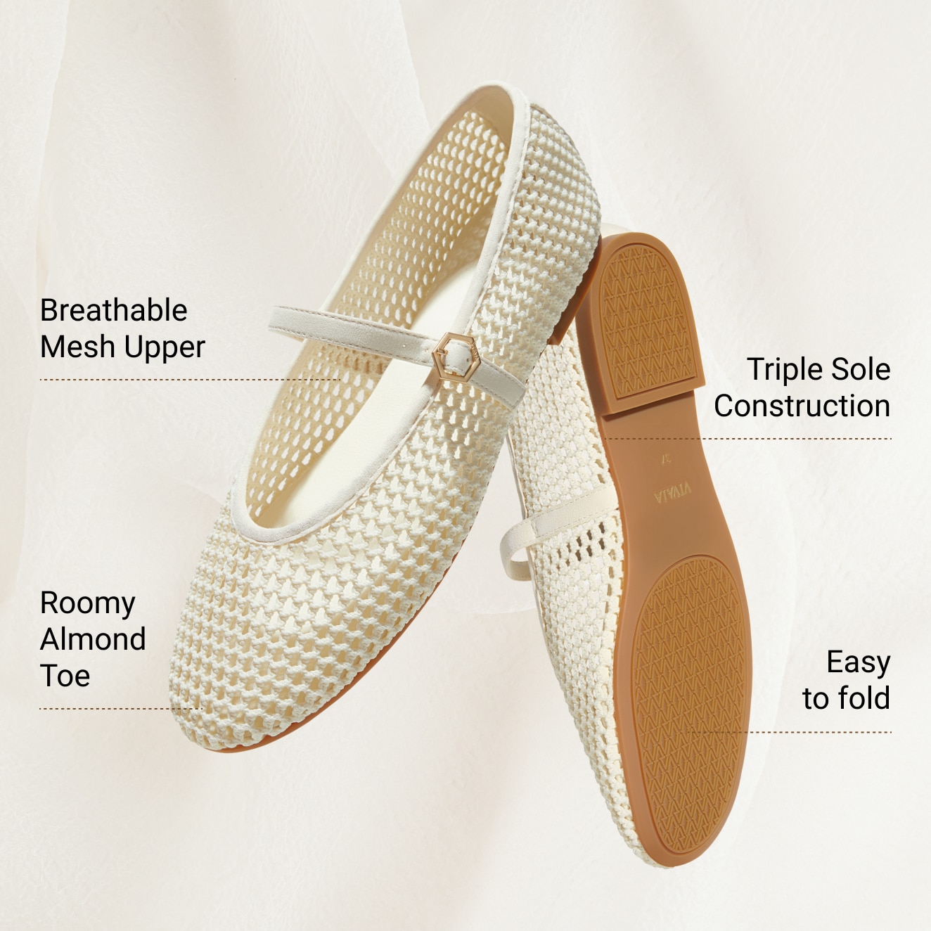 Almond-toe Mary Janes AdaptAll™（Nelly), CREAM MESH, EU35 | VIVAIA