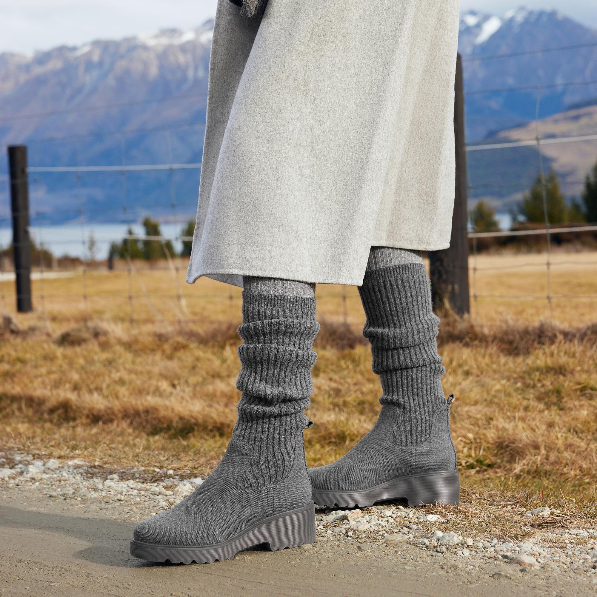 Round-Toe Knee-High Wool Wedge Boots (Eduarda), Rich Grey, EU35