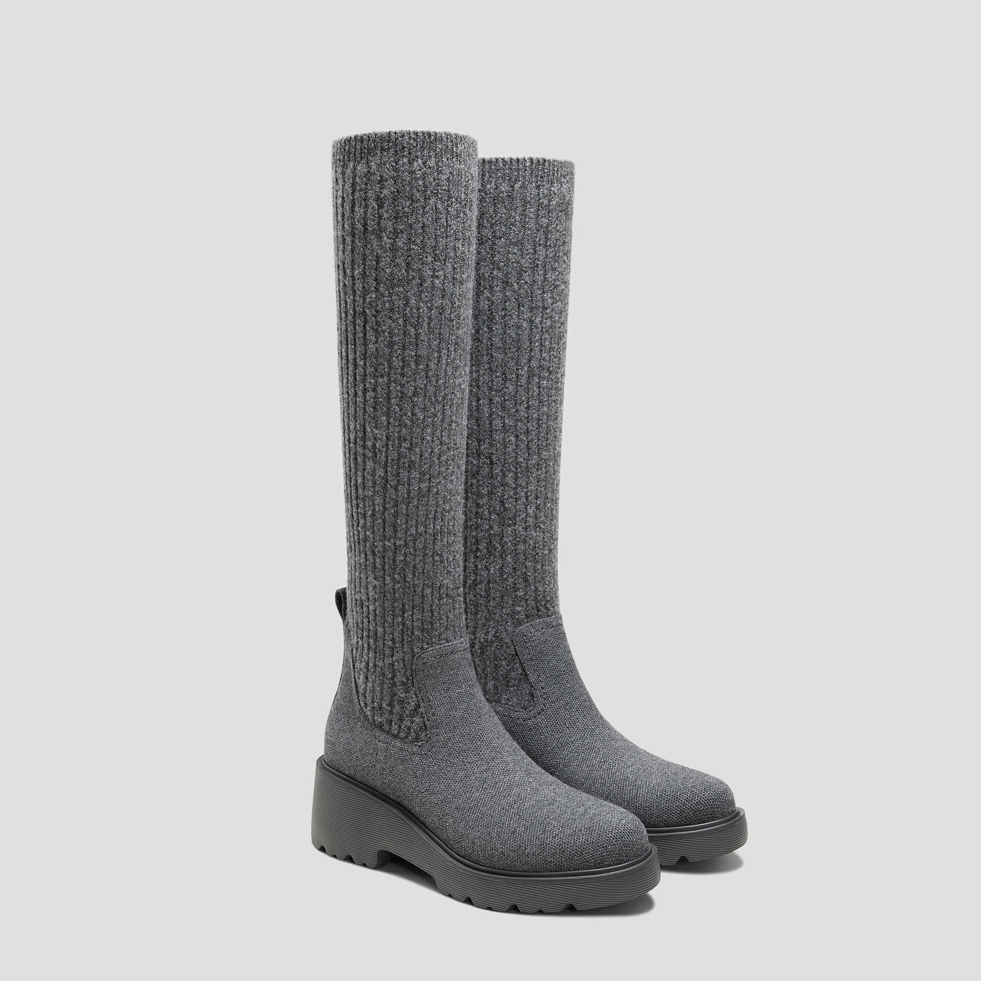 Round-Toe Knee-High Wool Wedge Boots (Eduarda), Rich Grey, EU35