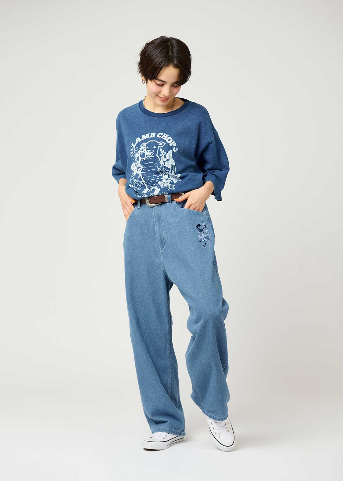 フラワーカンフーラムチョップ｜ルーズフィットデニムパンツ｜ユニ