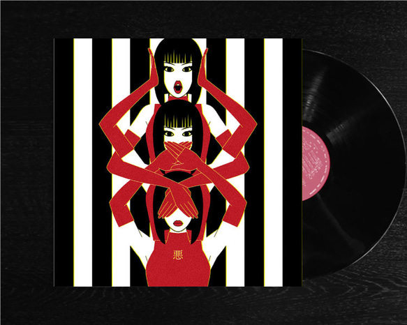 レコードジャケット風アート【レコード盤なし】三ガール イラスト ヤス