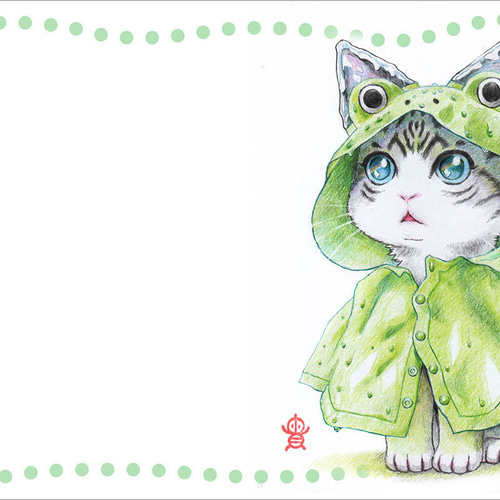 カエルレインコートねこさんイラストポストカード・5枚セット ポスト