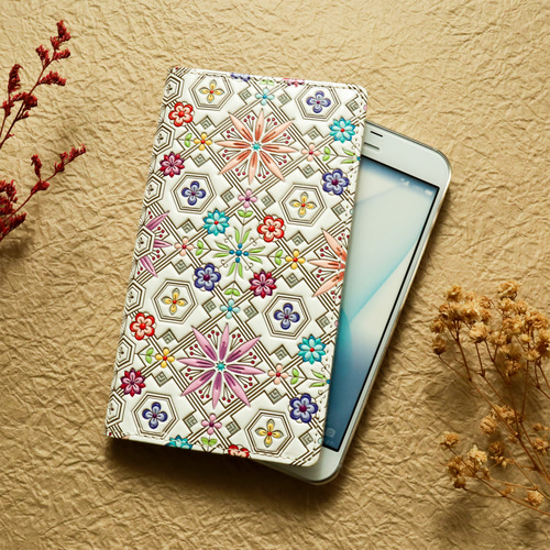 浅草文庫 牛革/文庫革 多機種対応 スマホケース 手帳型 吸盤式 花菱