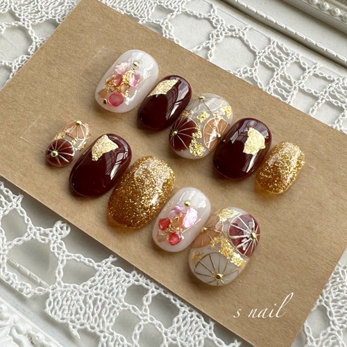 濃いめのブラウン和柄ネイルチップ 成人式 ブライダル 卒業式 前撮り