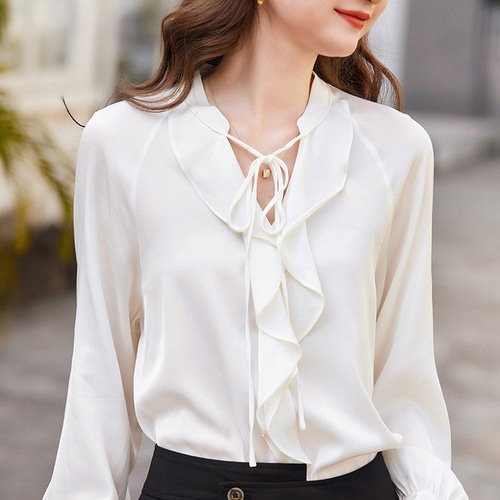 ジョーゼットシルク】フリルカラー ラグラン袖ブラウス【春秋】白