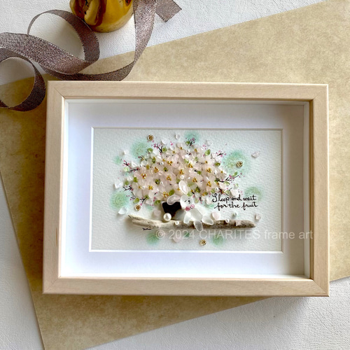 お昼寝うさぎ〜桜〜 シーグラス／天然石／フレームアート／壁掛け