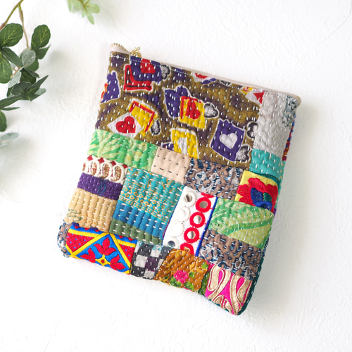 限定1点】ラリーキルトとインドリボンのカラフルポーチ（カンタキルト
