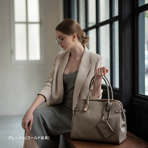 本革 トートバッグ 2way ビジネス A4 大容量 ゴールド金具 グレージュ