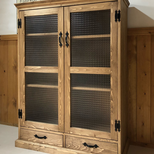 アンティーク本棚 引き出し2杯付 チェッカーガラス扉 オーダー可 総