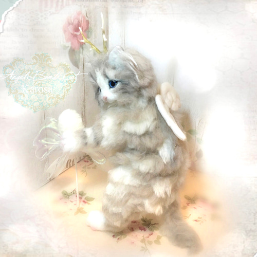 エンジェル バンビキャット 全身可動 猫 幻獣 角 羊毛フェルト アート