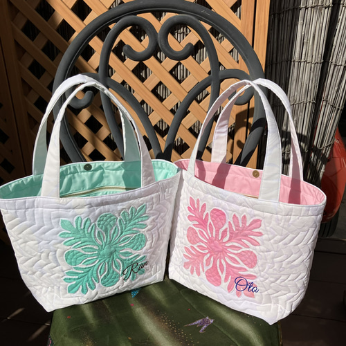 ハワイアンキルト パンの木の小さめトートバック白グリーン 受注製作