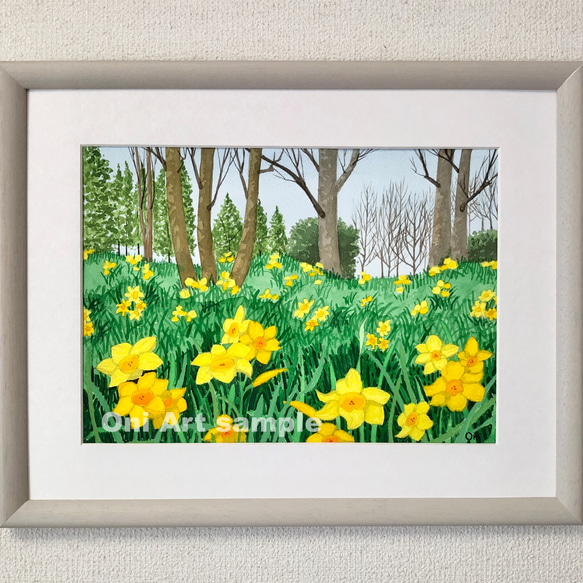黄色い水仙と木立」透明水彩画 原画 風景画 額縁付 F4サイズ 絵画 Oni