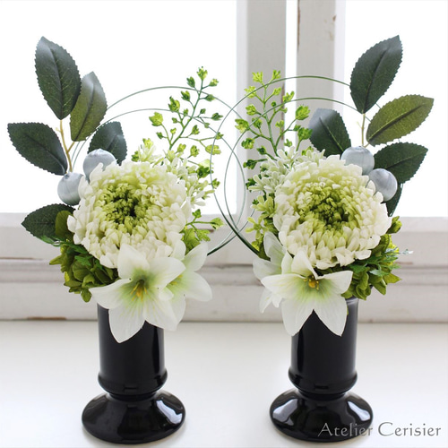 特割】大輪菊のお供え花 一対（2個1セット）（緑白菊 桔梗）仏花 S