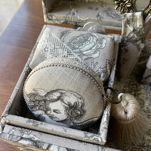 カルトナージュミニ裁縫箱 ベージュ系の可愛らしい天使柄です。すごー