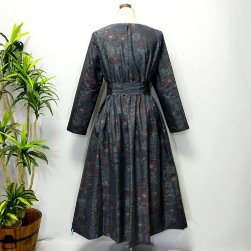 アンティーク大島紬 着物リメイク ワンピース 2WAY 花柄 ギャザー 大人