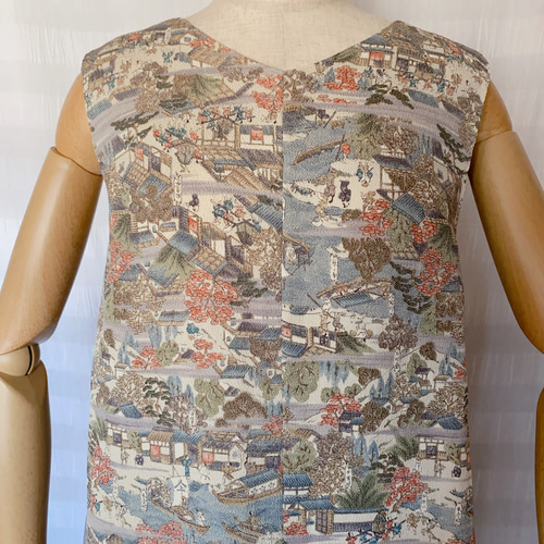 着物リメイク、Sサイズ、青のVネック切り替えワンピース、ちりめん小紋