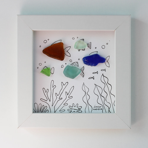 シーグラスアート「海の中」 ミニ額 イラスト 魚 リビング インテリア