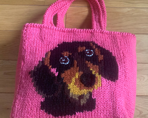 わんこお散歩トートバッグ 手編み 犬イラスト オーダーメイド 名前入り