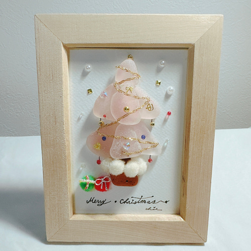 シーグラスアート ピンクのクリスマスツリー インテリア雑貨